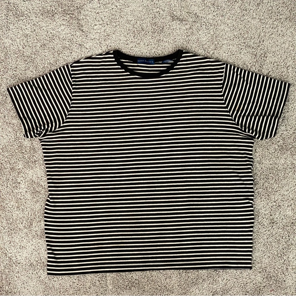 Karen Scott II Size 1X Black and White Horizontal Stripe Basics Short Sleeve